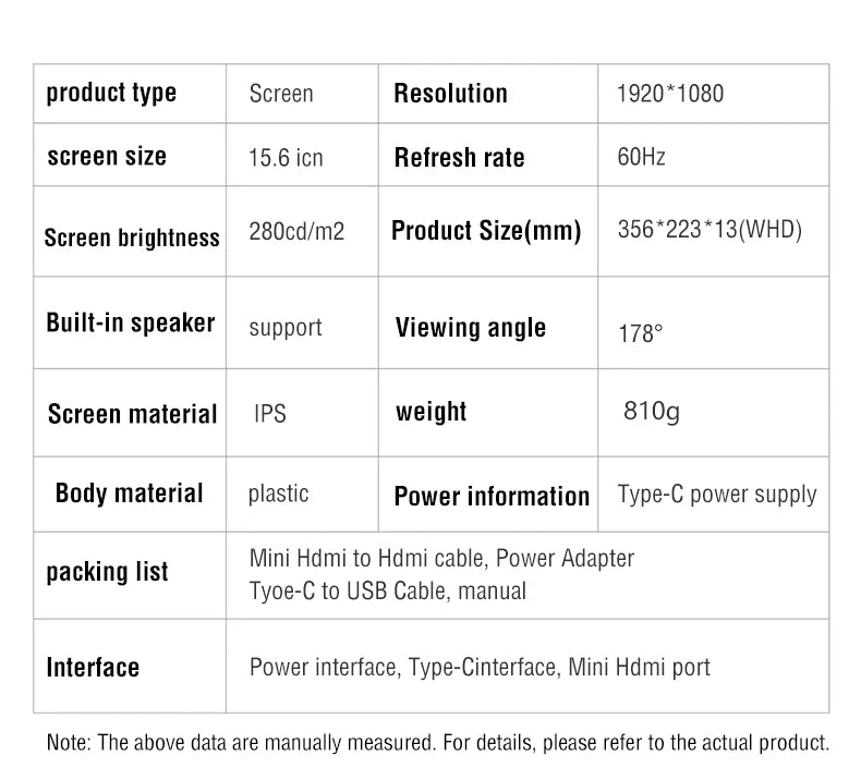 Anmite 15.6-Inch Portable Touch Monitor Non-touch Optional 1080P HDR 16:9 For XBox PS4 / 5 Switch Cell Phone PC Loptop Extensio