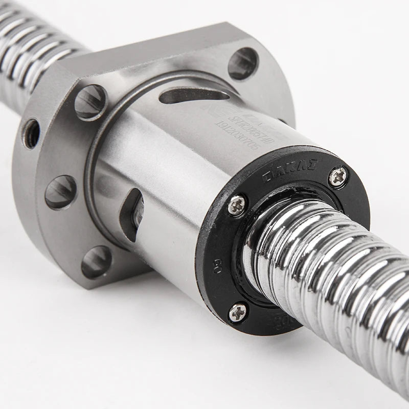 Roller ball screw nut close-up with black end ring, screws and circular seal