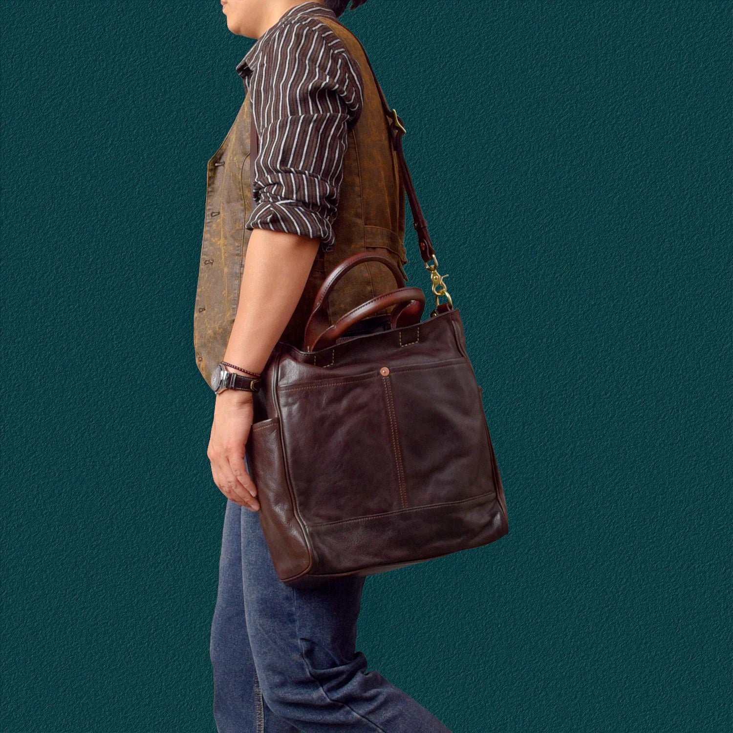 Fashion organizers designers handmade genuine leather men's tote bag outdoor travel luxury vegetable tanned cowhide handbags