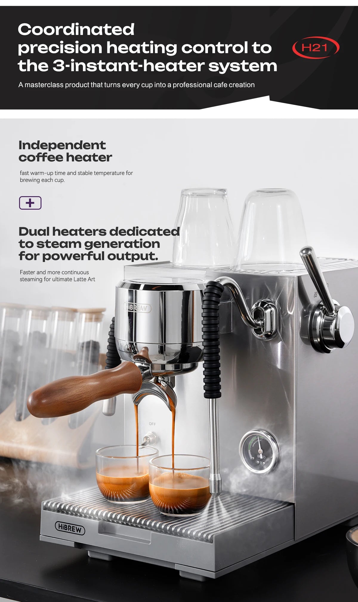 HiBREW H21 stainless steel dual-heater espresso machine brewing two cups of coffee with a wooden portafilter handle.