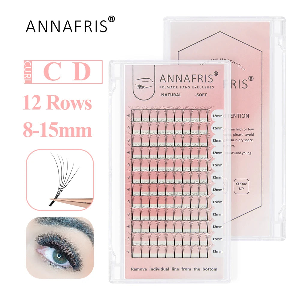 Clear plastic tray containing 12 rows of black premade eyelash extension fans in lengths ranging from 8 to 15mm.