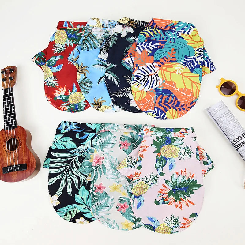 Colorful Hawaiian-style breathable pet shirts for dogs, XS-5XL. Cute summer apparel for small to large puppies.