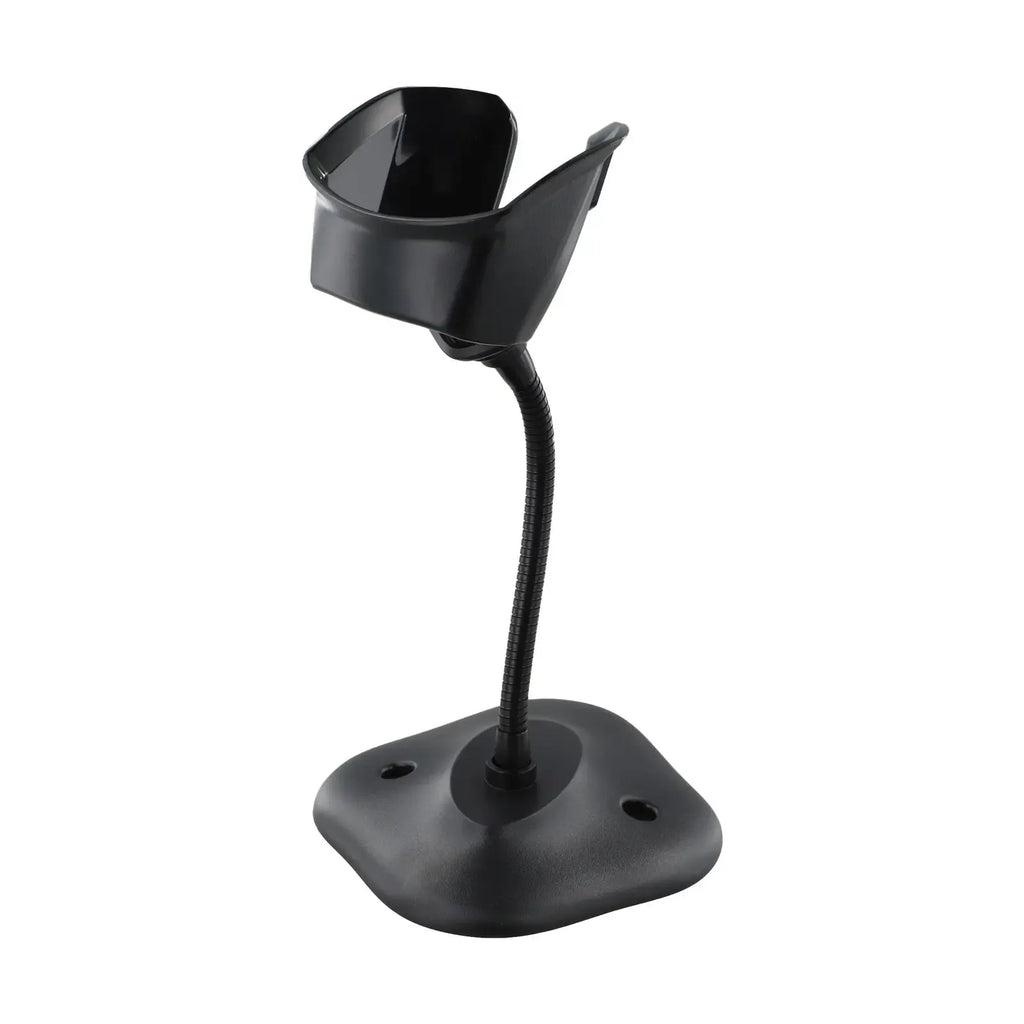 Black barcode scanner bracket stand with U-shaped cradle and wide round base