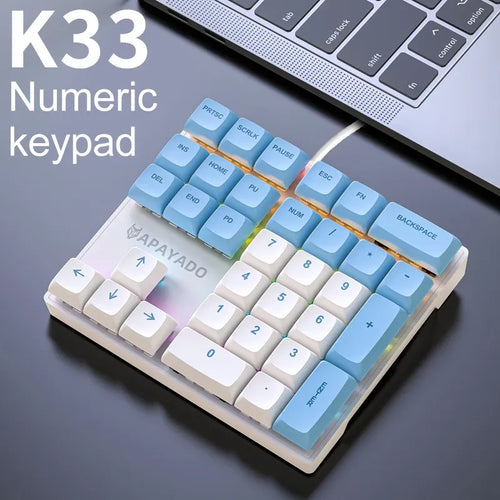 APAYADO K33 33-key mechanical numeric keypad with blue/white PBT keycaps, blue switches, and RGB backlighting.