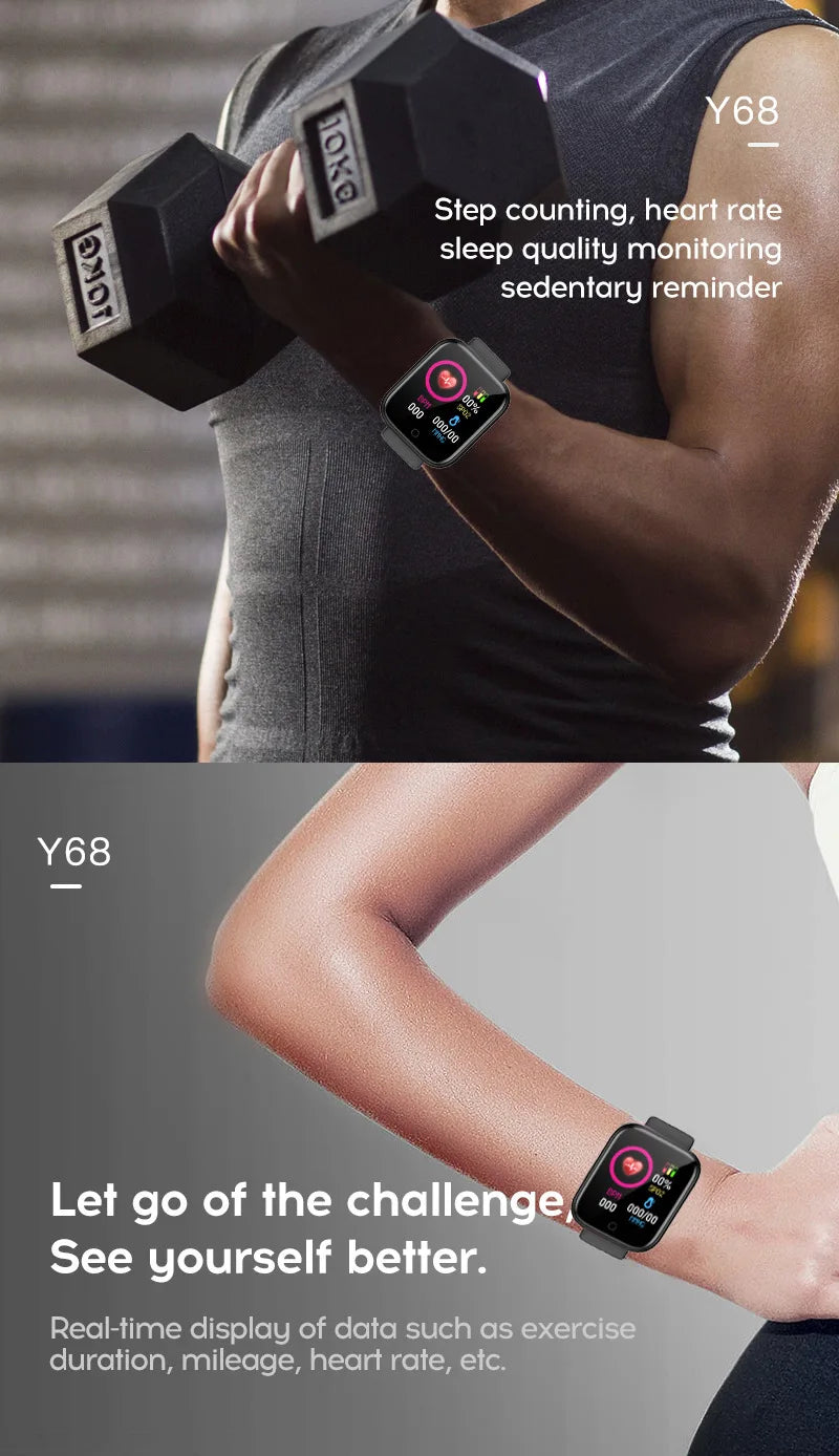Y68 Smart Watch Bluetooth Fitness Tracker Adult Sports Watch Heart Rate Monitor Blood Pressure Smart Bracelet for Android iOS