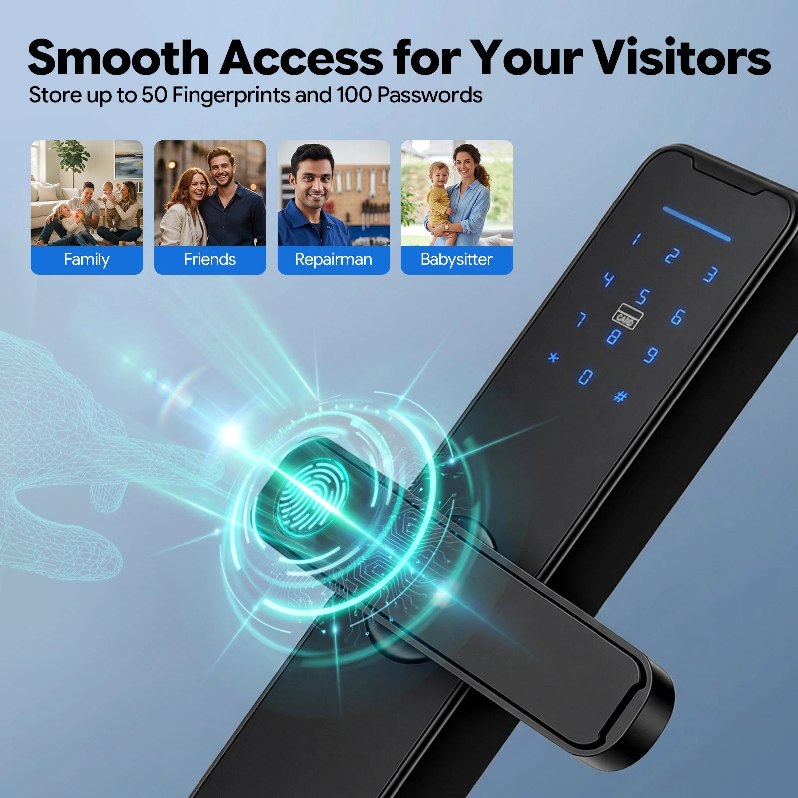 Smart Door Lock Fingerprint Password WiFi TUYA APP Electronic Keypad Lock with 180° Rotatable Handle 50 Fingerprints 100 Passwords Capacity Aluminum Alloy for Home Hotel Office Indoor Outdoor