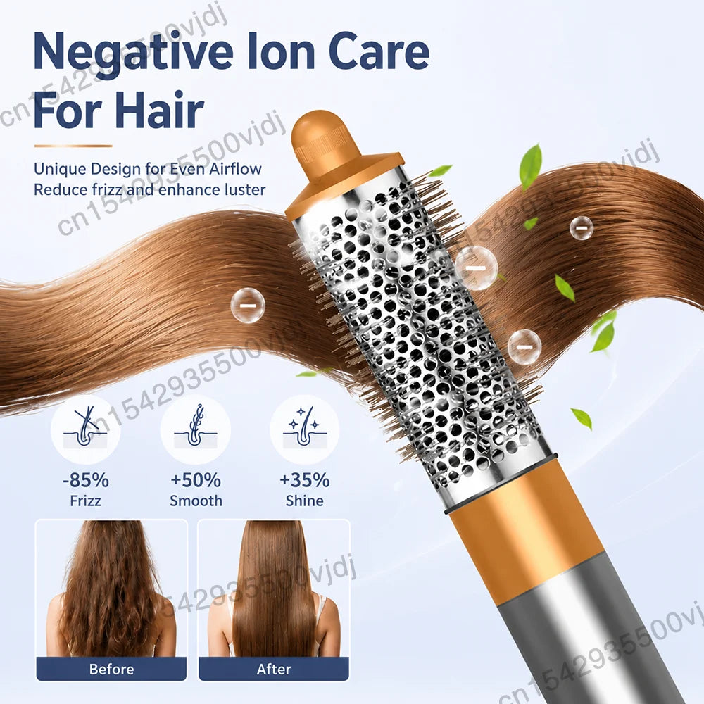 7-in-1 ionic hair dryer brush with gold and silver design, featuring anti-frizz air vent brush for shiny, smooth hair.