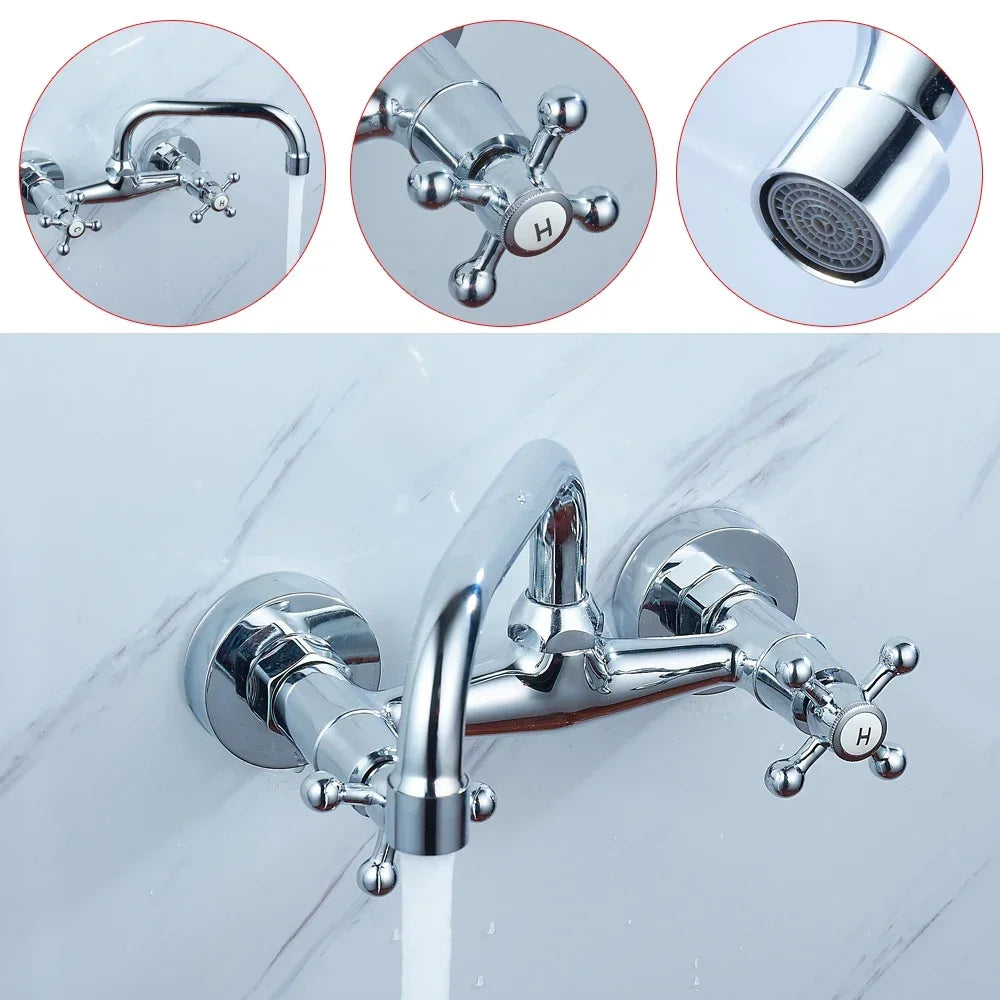 Modern Brass Bathroom Faucet, Wall Mount Two-handle Washbasin Mixer Tap, for Kitchen, Bathroom, Laundry, Garden, Silver