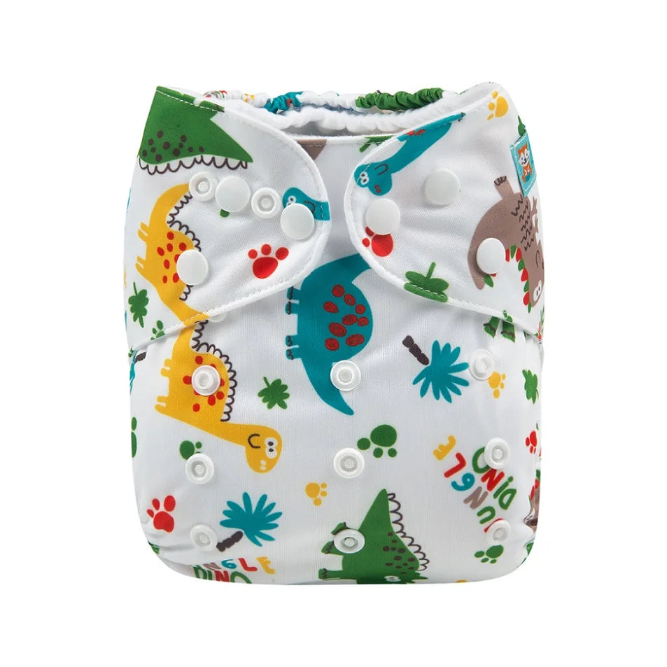Reusable cloth diaper with white base and colorful dinosaur pattern, featuring adjustable snap closures for baby care.
