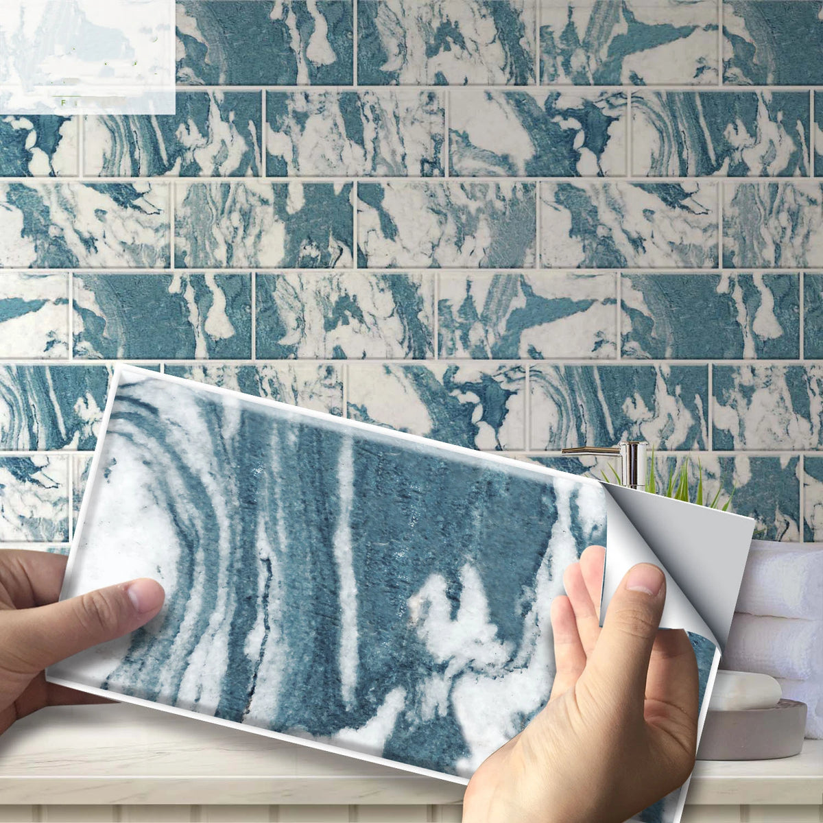 Peel-and-stick brick tile decal sheet in blue marble style with white grout lines