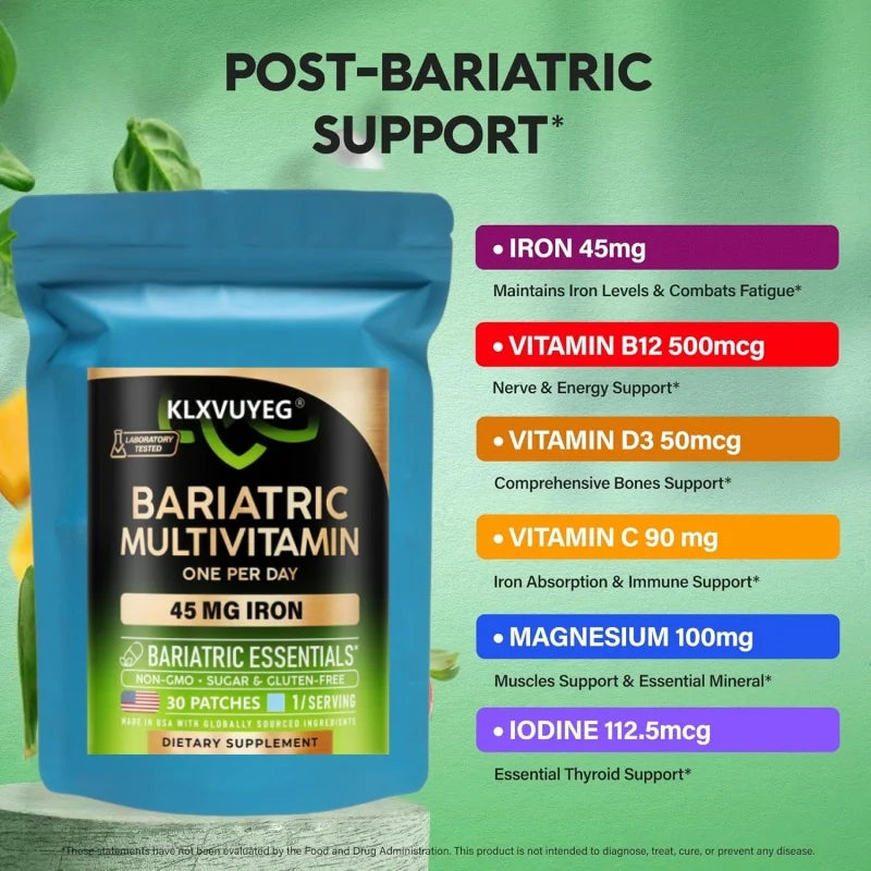 Bariatric Multivitamin - 45 mg Iron Supplements - All-in-One, 21 Essential Vitamins - Gastric Sleeve Support, 30 Patches/bag