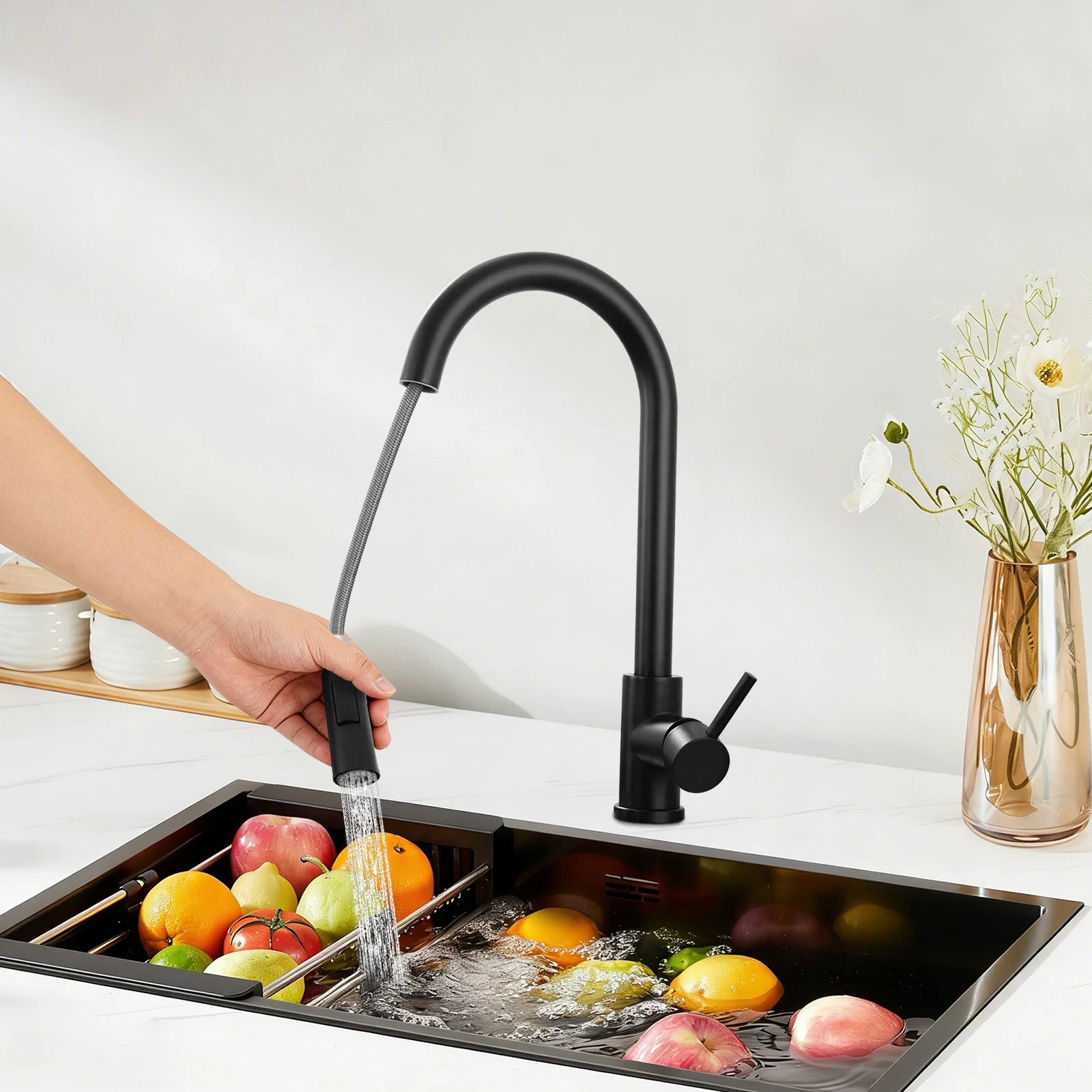 Residential Kitchen Sink Fixture, Pull-out Kitchen Tap, 360° Rotatable Cold Hot Tap with Dual Water Modes, Tap for Vegetable Washing & Cookware Cleaning