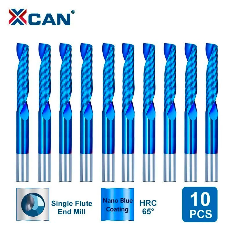 10-pack single-flute spiral end mills, blue coated flutes and silver shanks