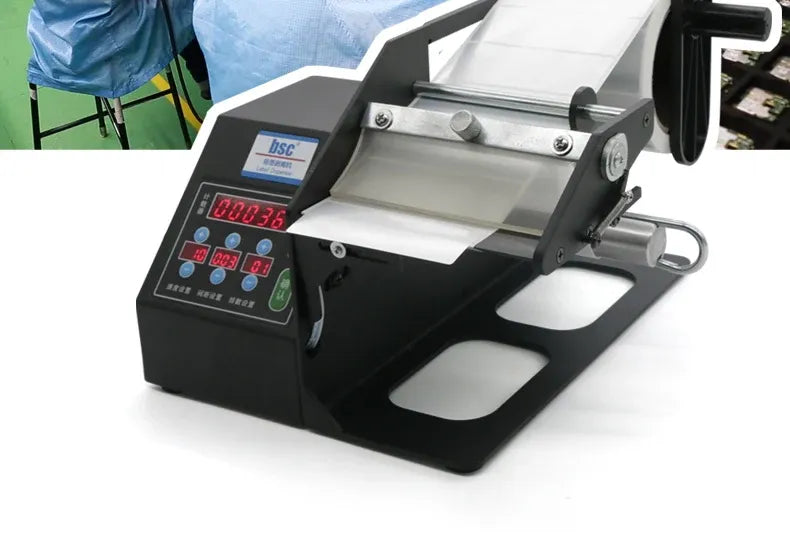 Automatic label stripper machine with LCD display and label strip on feed platform