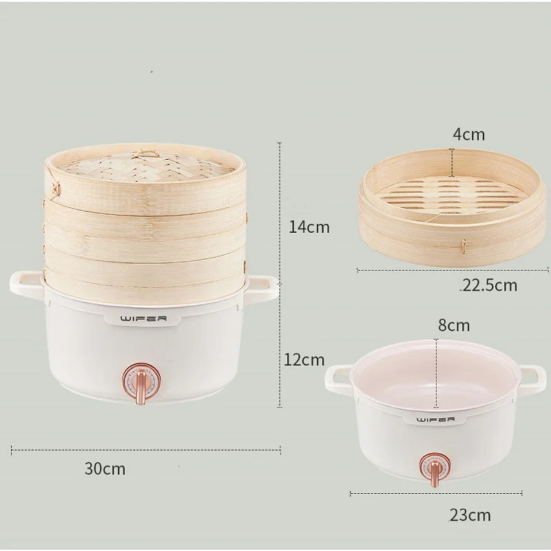 2.2L double-layer bamboo steamer electric cooking pot with size view of steamer and heating base