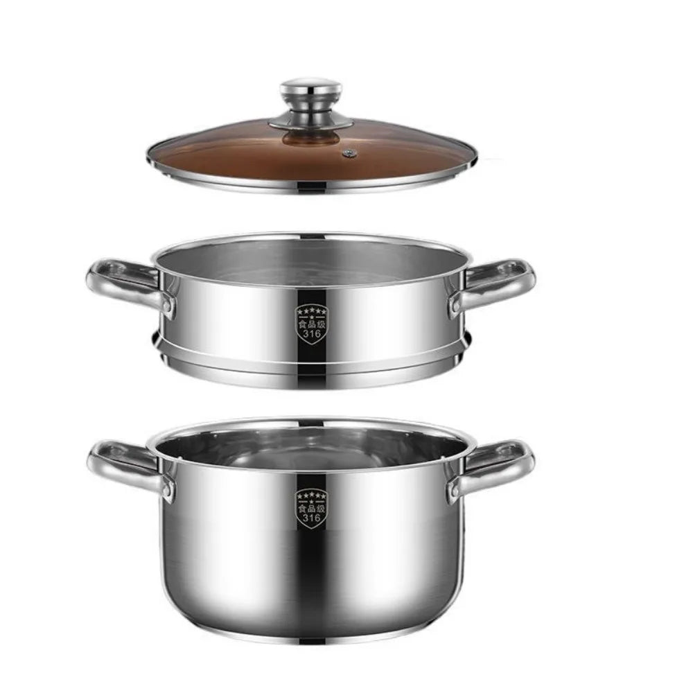Stainless steel steamer pot set with domed lid and two stacked cooking pots
