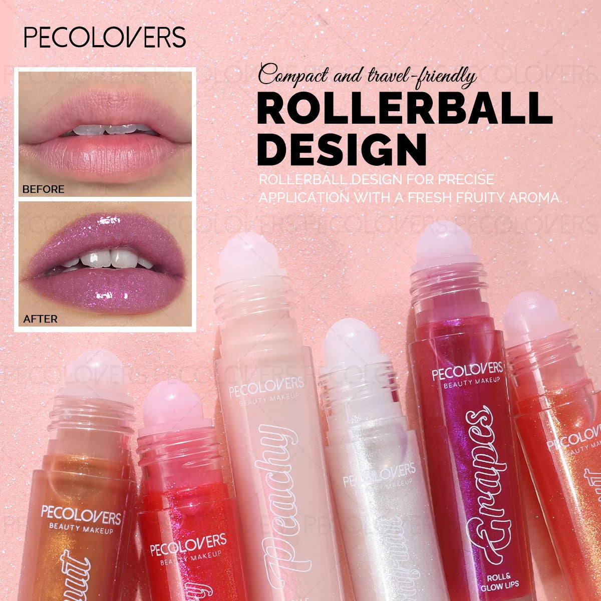 Pecolovers moisturizing lip gloss set with rollerball design for shiny, long-lasting color and hydration.