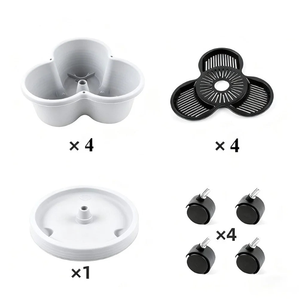 White 3-petal modular planter inserts, black base panels, and 4 caster wheels