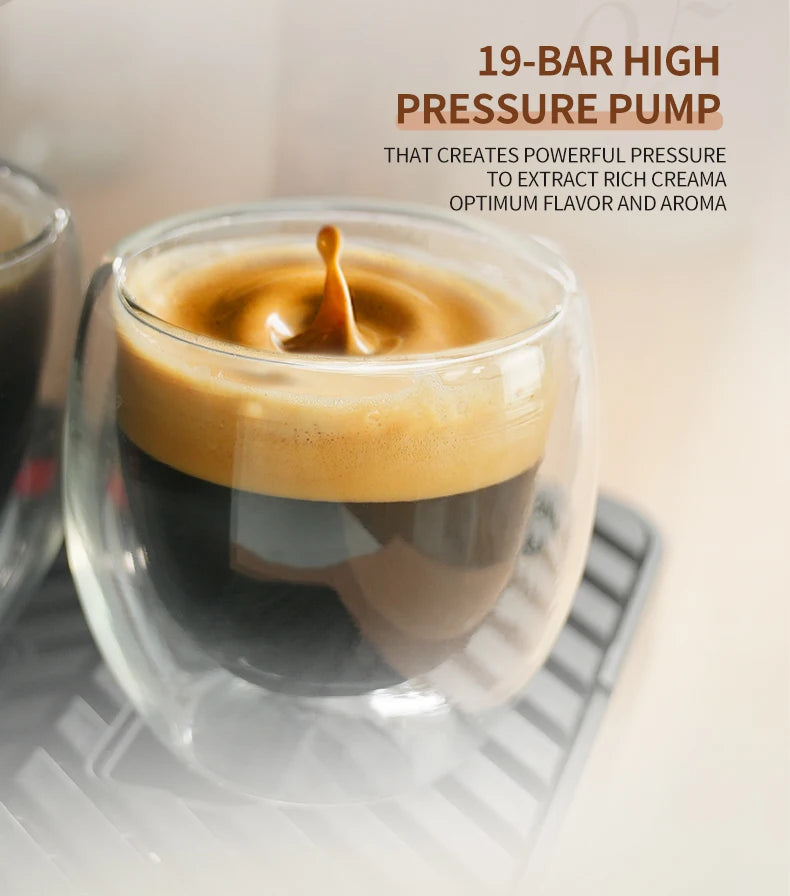19-bar pressure espresso maker extracts rich coffee in a double-walled glass cup for optimal flavor and crema.