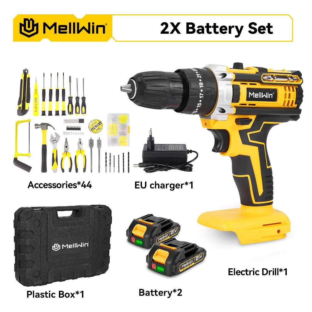 MELLWIN 25+3 Torque Electric Impact Drill Set Multipurpose Cordless Electric Screwdriver Power Tool For Makita 18V Battery Pin