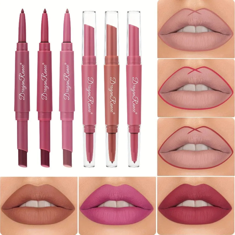 Dual-ended waterproof matte lipstick and lip liner pencils in assorted rose red, nude, and pink shades for lip makeup.
