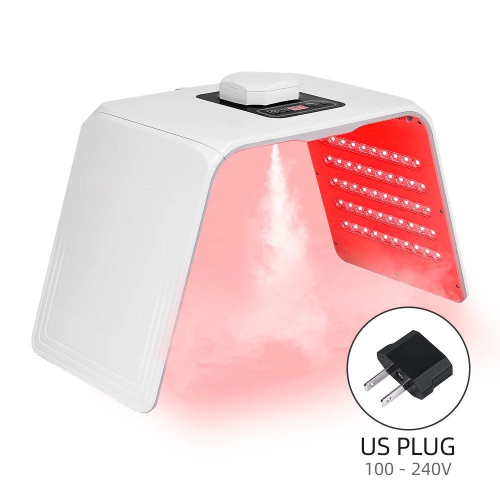 White arched LED red light therapy machine with mist function and a US power adapter.
