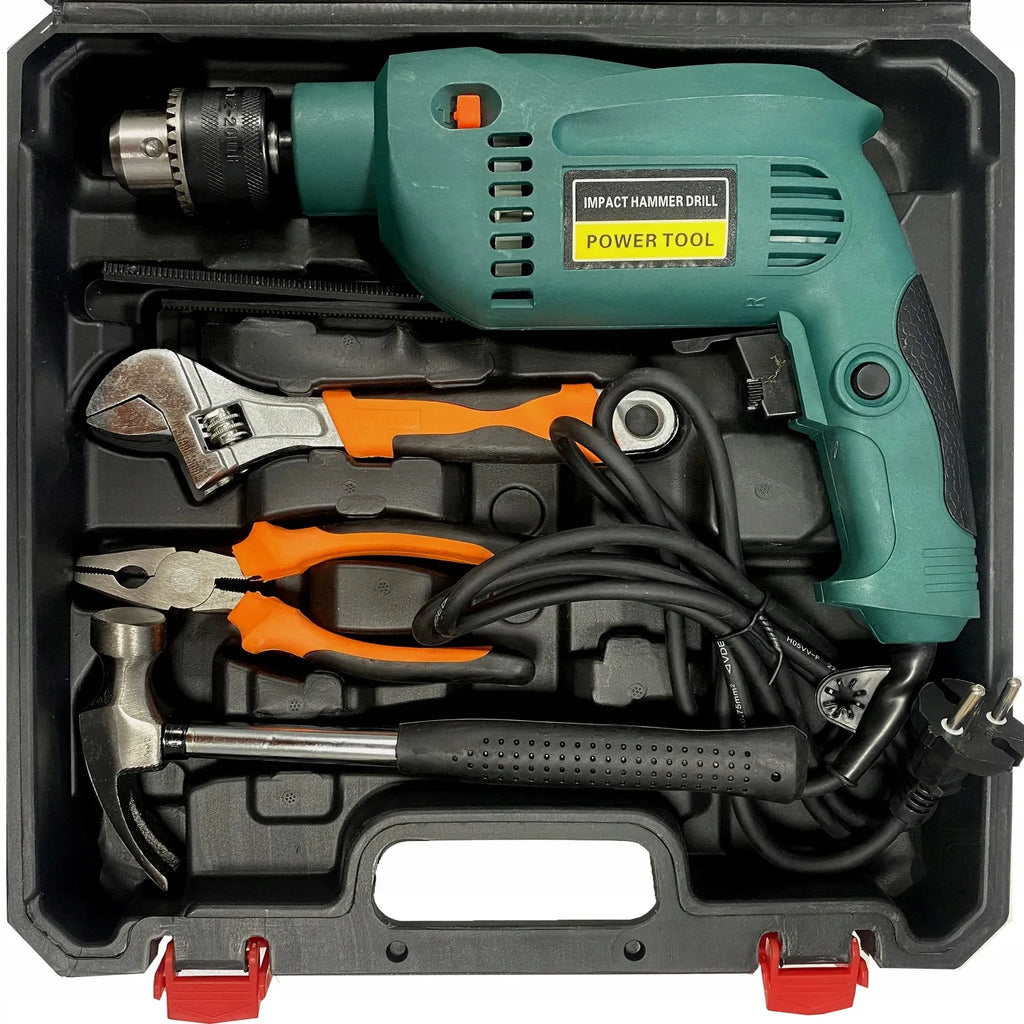 Corded Impact Drill 550W with 37 Piece Accessory Kit in Carrying Case, Heavy Duty Electric Hammer Drill Set with Drill Bits Screwdriver Bits for Wood Metal Brick Concrete, Home DIY Renovation Repair Power Tool