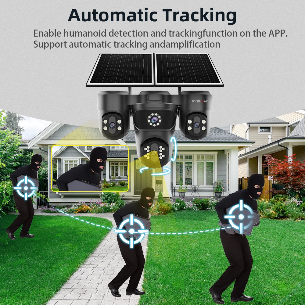 LS VISION Four Screens Camera Outdoor House Surveillance Cameras  4G SIM Wireless Camera Humanoid Automatic Tracking Ai Zoom