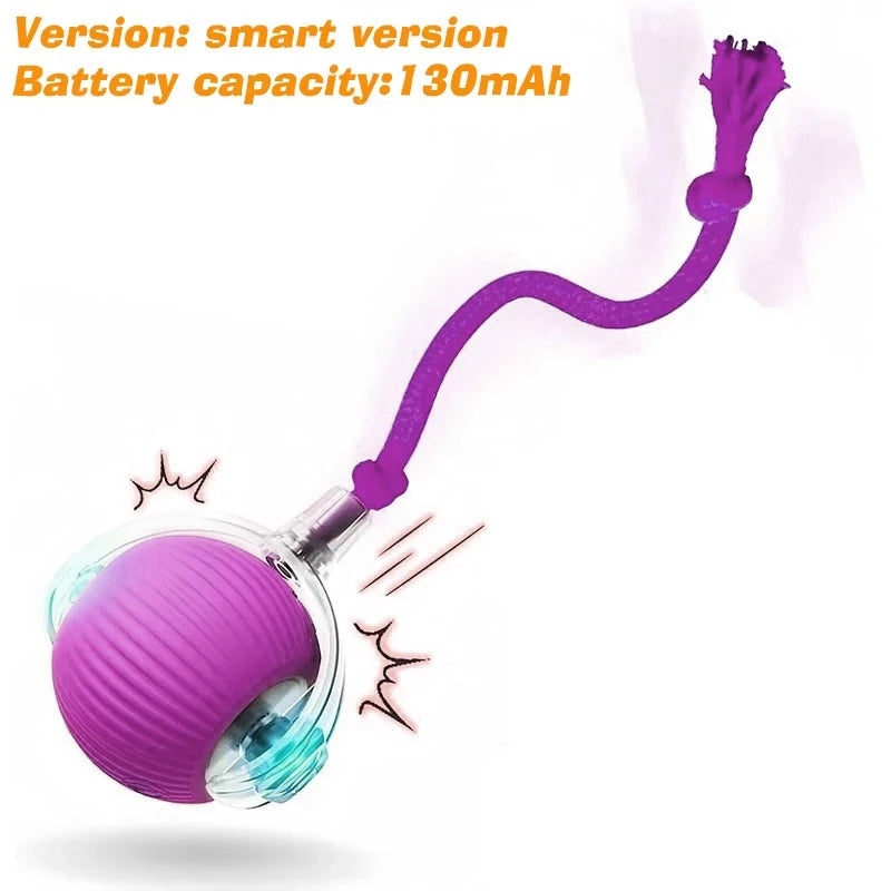 Purple interactive smart ball toy for cats and dogs with rechargeable battery and tail for engaging pet play.