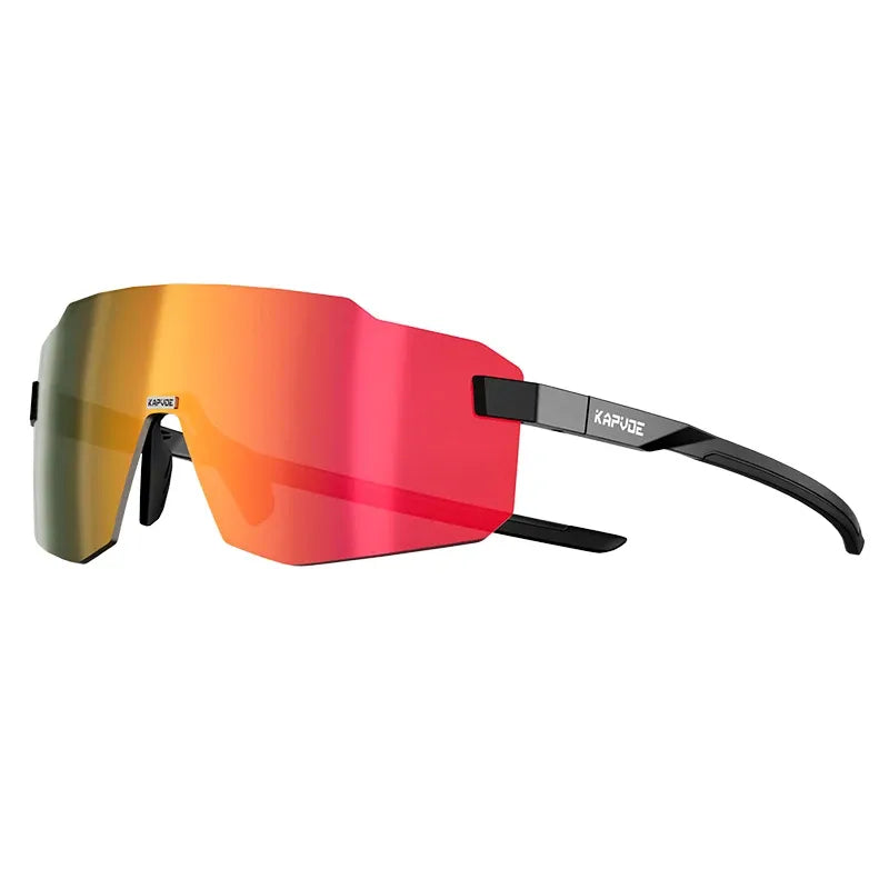 Photochromic cycling sunglasses with red-orange mirrored shield lenses and black frame, white arm