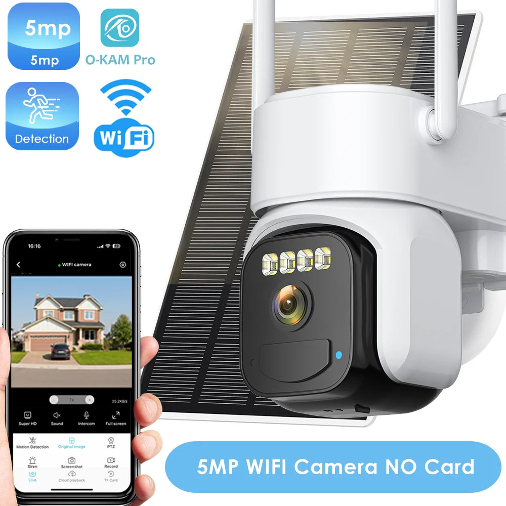 Outdoor solar PTZ WiFi security camera, single-lens, white housing with black camera face; smartphone visible