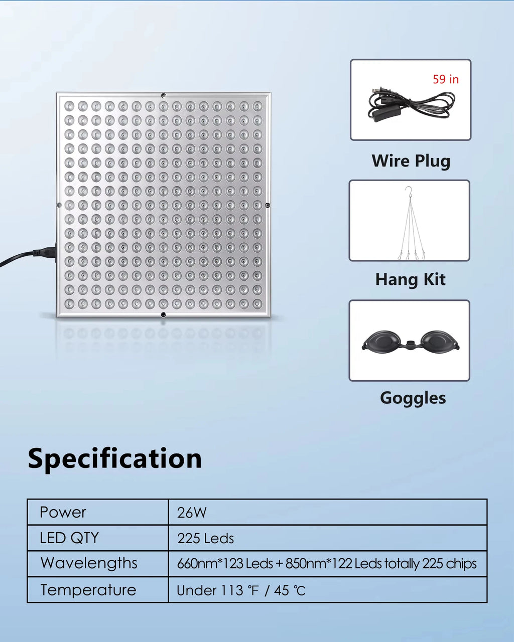 Square red light therapy panel with 225 LED bulbs, power cord, hanging kit, and protective goggles.