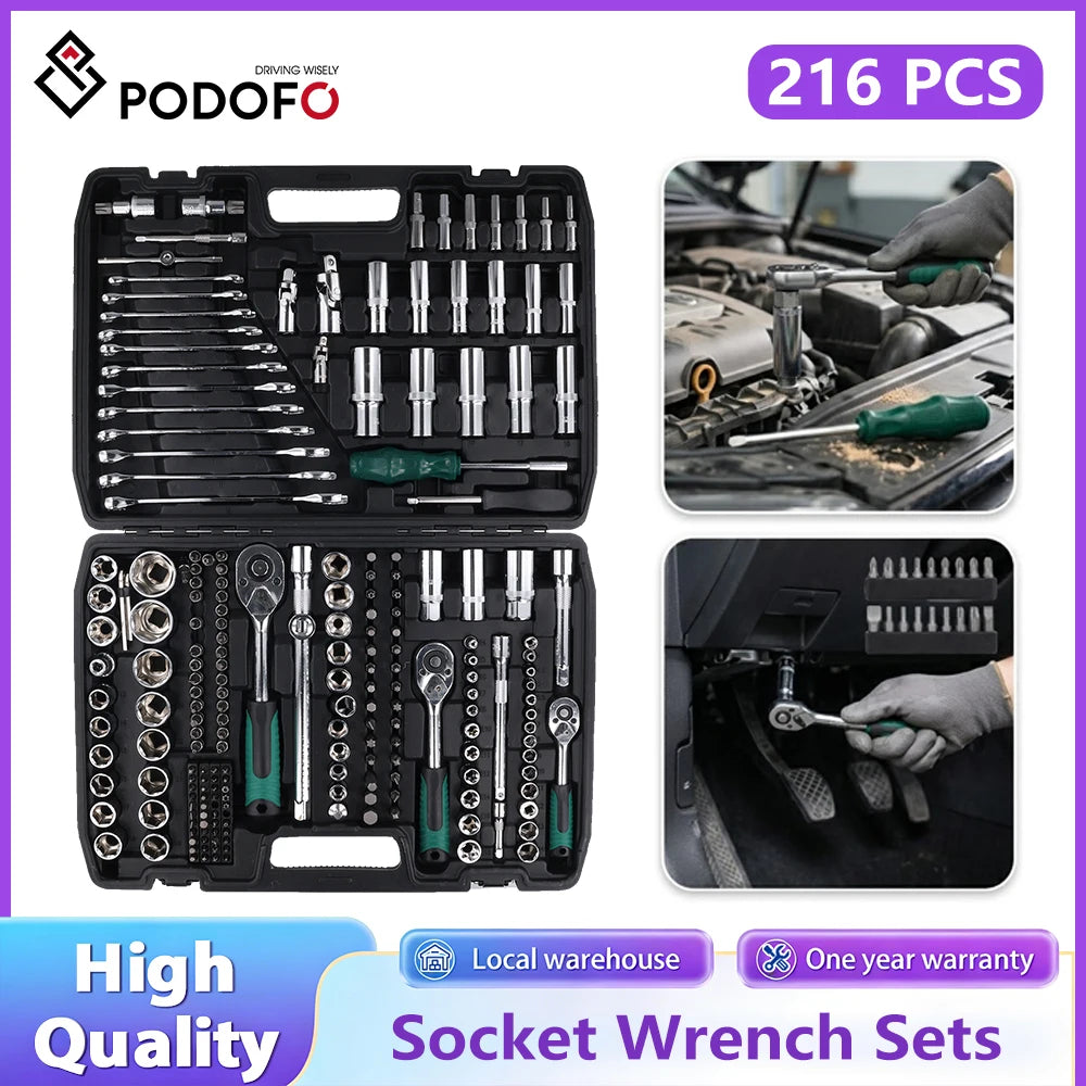Podofo 216 Piece Mechanic Tool Set, 1/4" 3/8" 1/2" Socket Wrench Sets with 24-Tooth Ratchet Wrench, for Automotive Motorcycle Repair & Household