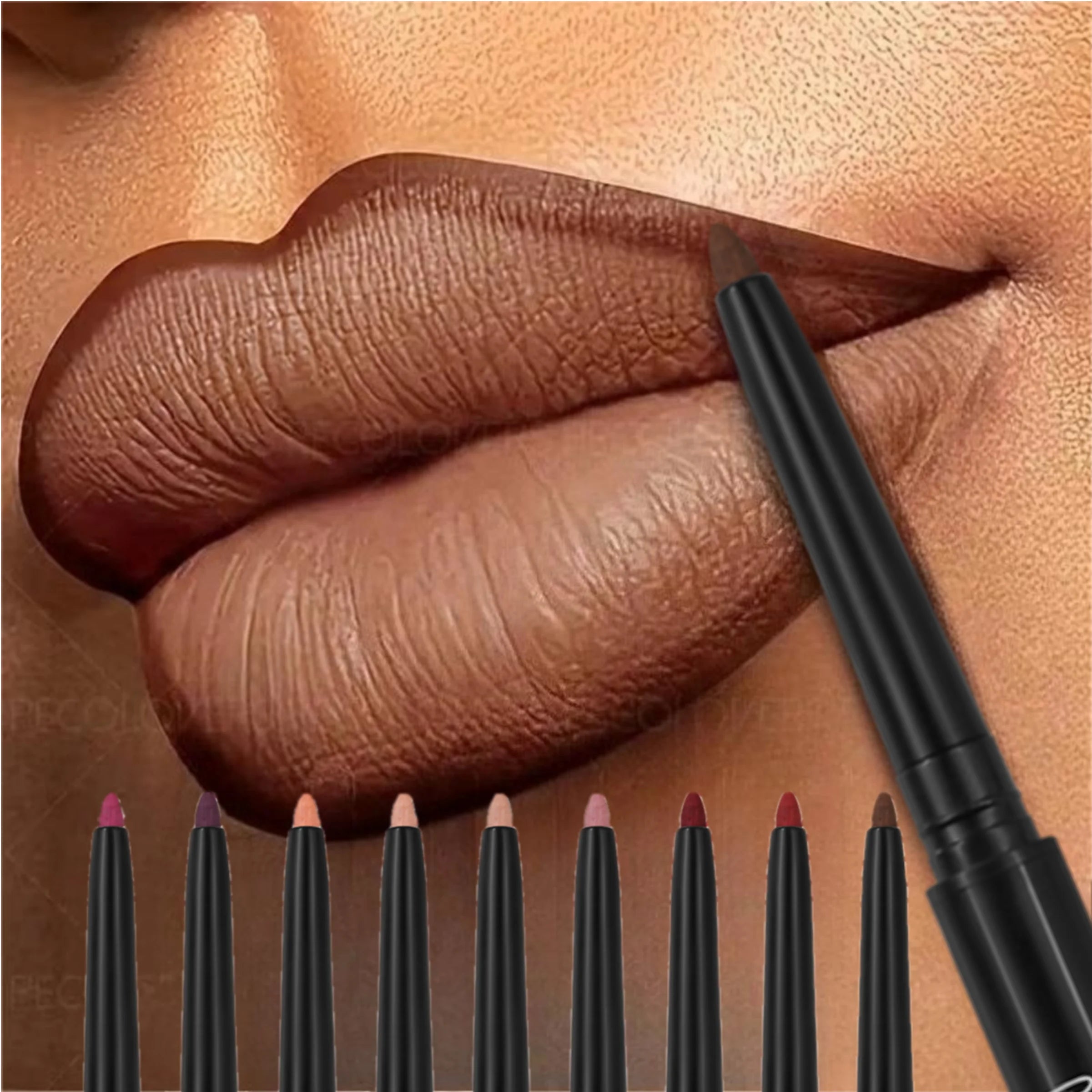 Long-lasting waterproof matte lip liner pencil applying deep brown pigment to lips for a smooth, non-staining finish.