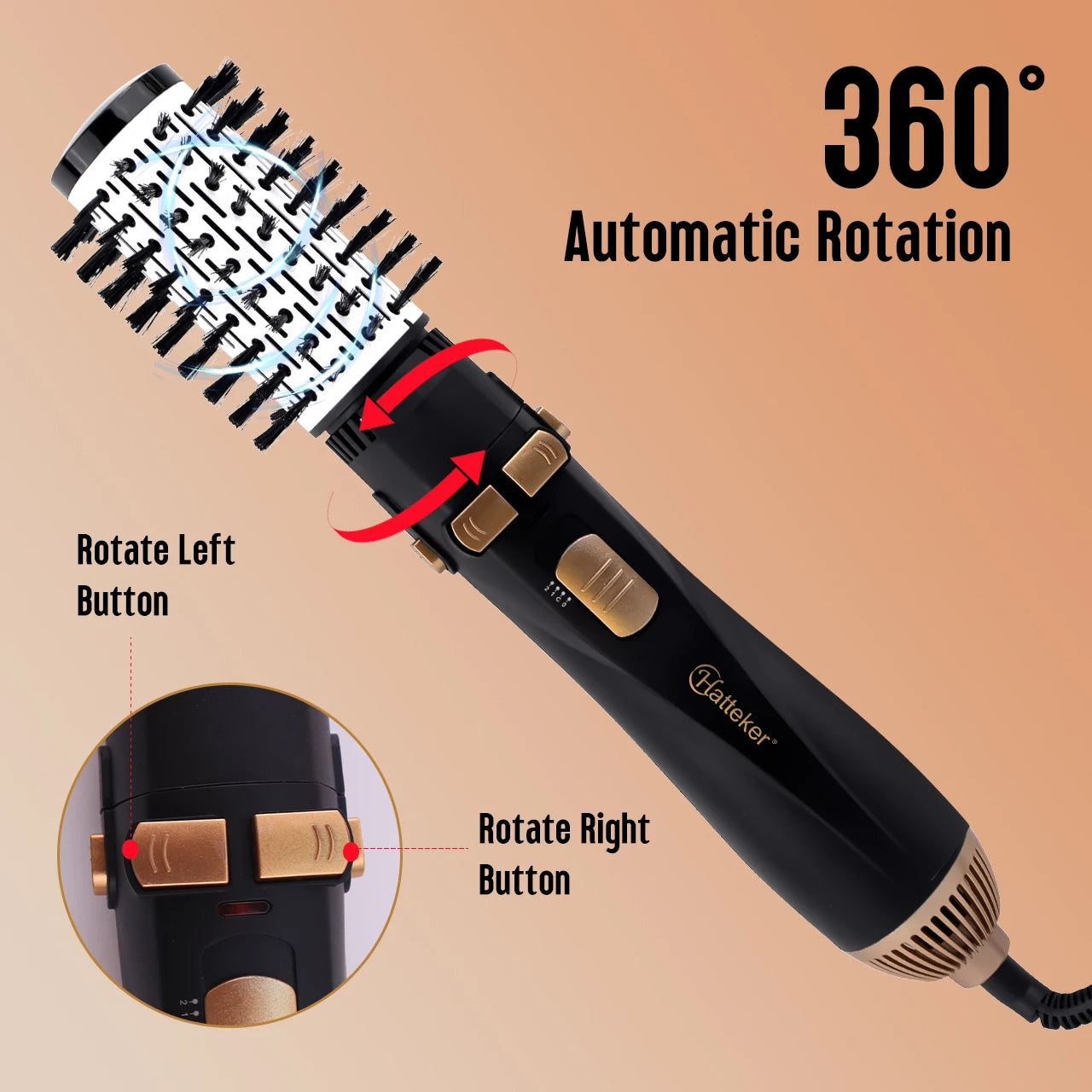 Hatteker 360° automatic rotating hair dryer brush in black and gold with left-right rotation buttons for styling.
