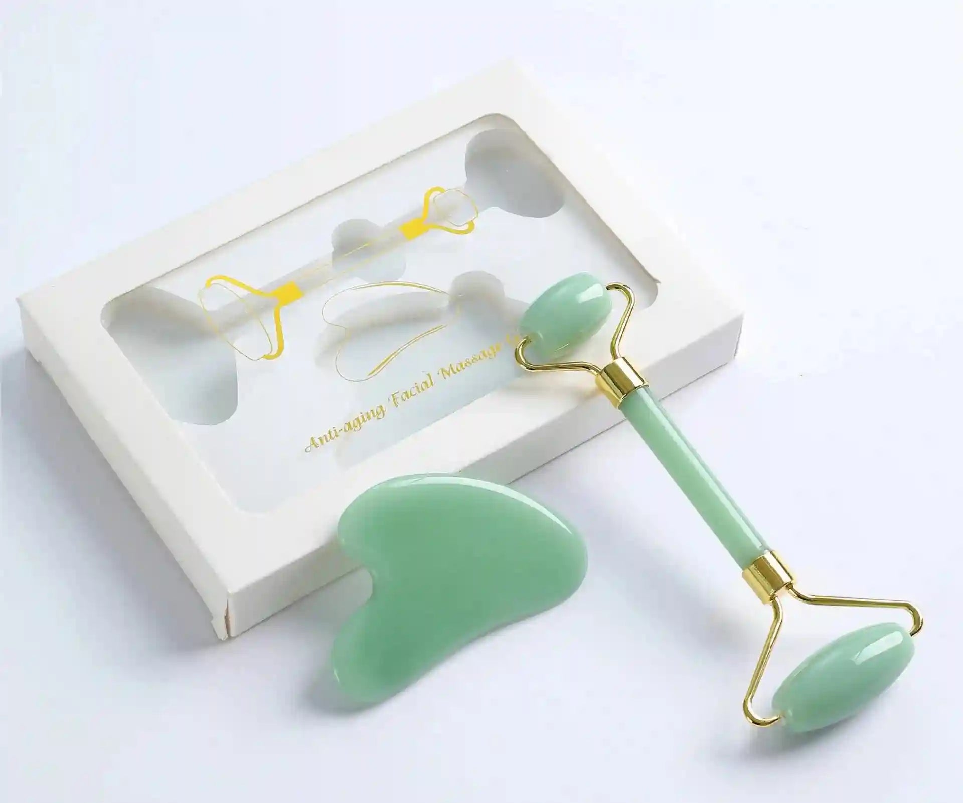 Jade Roller and Gua Sha Facial Massage Set - Natural Skin Rejuvenation Massage Roller B-8 Tidesmit