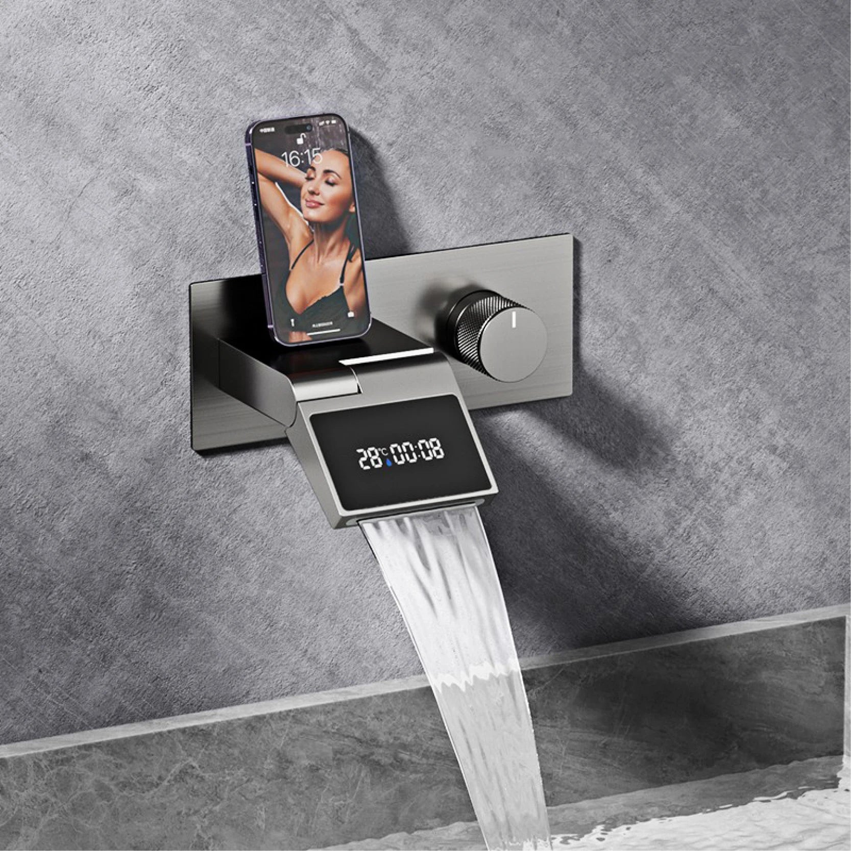 Luxury Gun Gray Brass Wall Mounted Bathroom Faucet with LED Digital Display Single Handle Hot & Cold Water Embedded Bathroom Tap