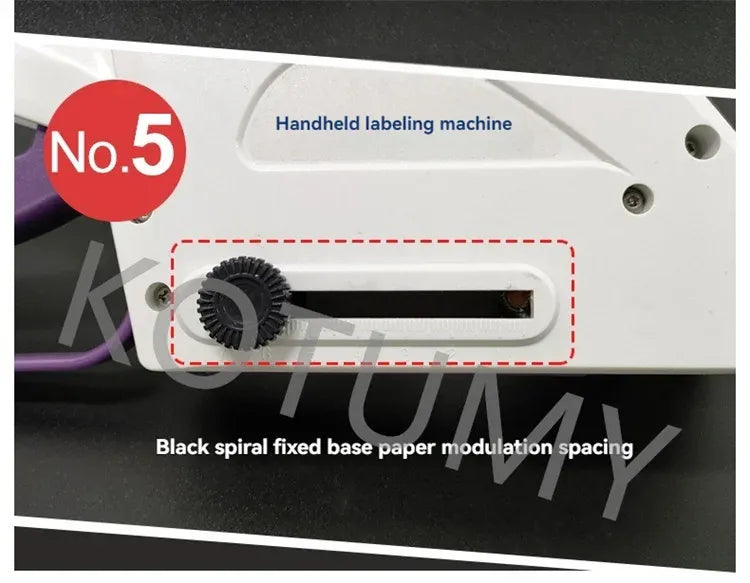 White handheld labeler base showing black spiral guide for paper feeding
