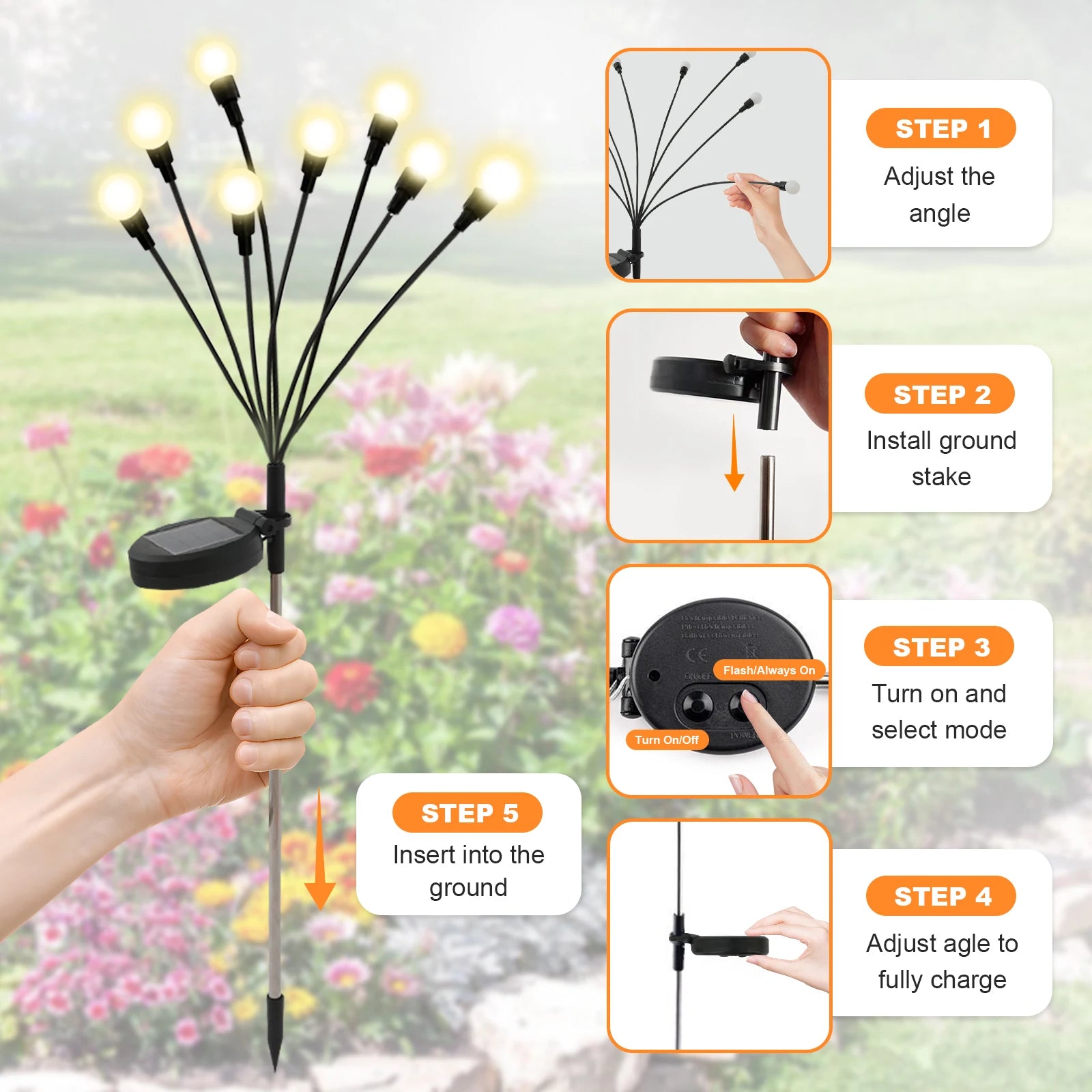 2Pack 8-Head Solar Firefly Lights Outdoor Pathway Decorative Garden IP651 Waterproof High Flexibility Iron Wire Heavy-Duty Bulb Base