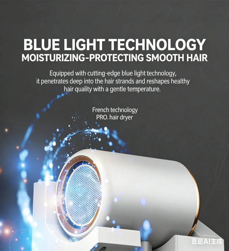 White 1800W wall-mounted hair dryer with blue light technology, gold accents, and LED display for hotel or home use.