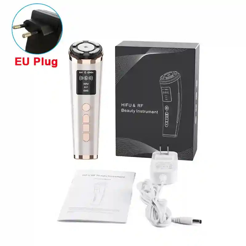 HIFU and RF facial beauty device with rose gold handle, digital display, charger, and manual in a black box.