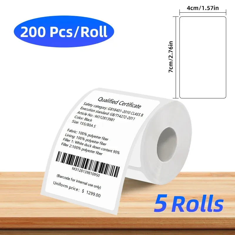 White coreless thermal label roll with barcode sticker, self-adhesive, 200 pcs/roll
