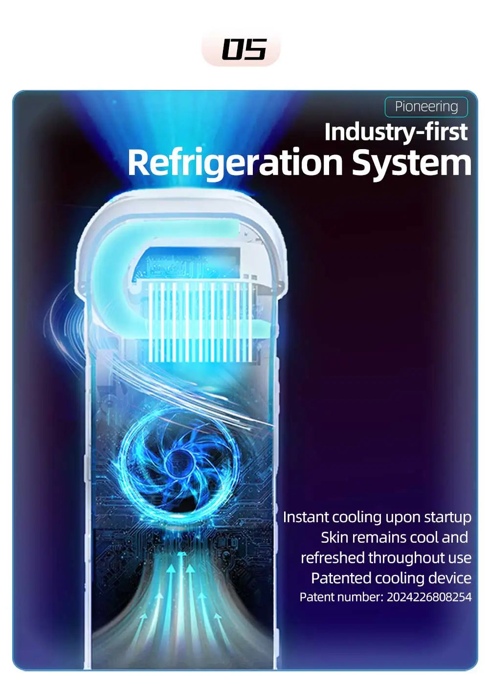 An IPL hair removal device with a highlighted internal cooling system showing a glowing blue fan and airflow graphic.