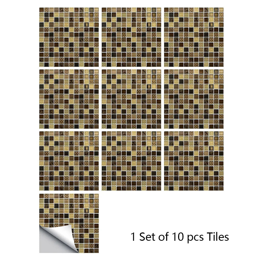 Gold and brown marble mosaic tile stickers, 10-piece set with square grid pattern