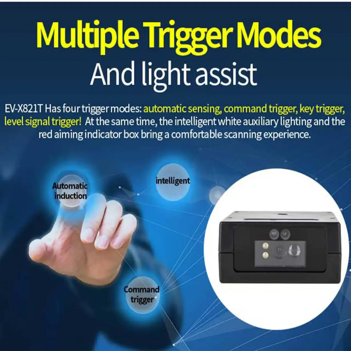 Barcode scanner module with front panel and indicator LEDs, compact black unit