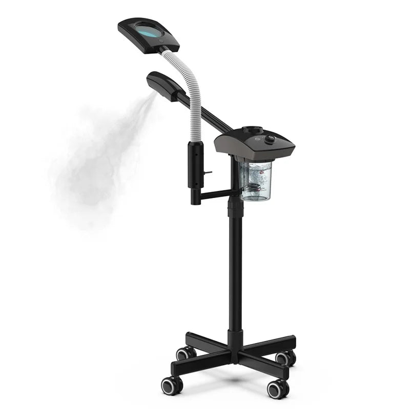 Black professional facial ozone steamer on a rolling stand with a built-in magnifying glass spraying steam.