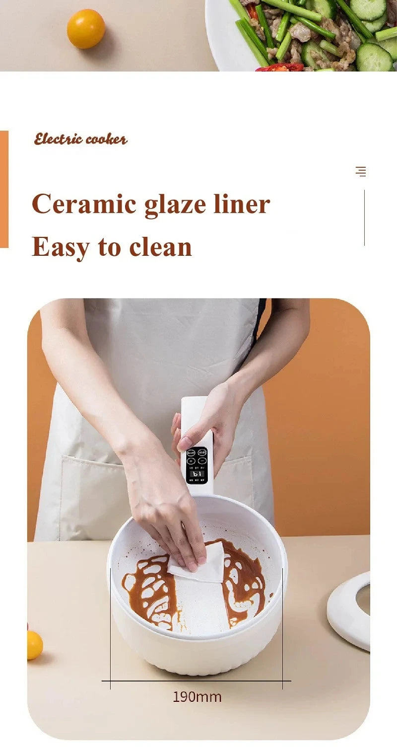 Electric cooking pot with ceramic glaze liner, hands holding liner for easy cleaning