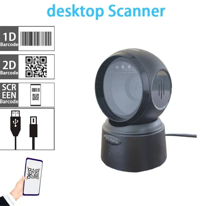 Black desktop barcode scanner with circular lens and 1D/2D scanning support