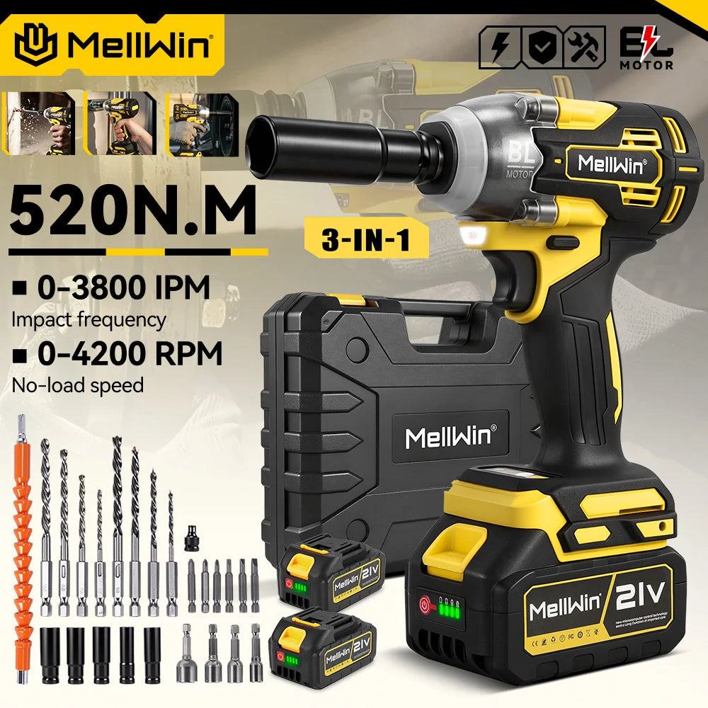 MELLWIN 520N·m Brushless 3IN1 Electric Impact Wrench Cordless Electric Drill Screwdrive Power Tool Set For Makita 18VBattery Pin
