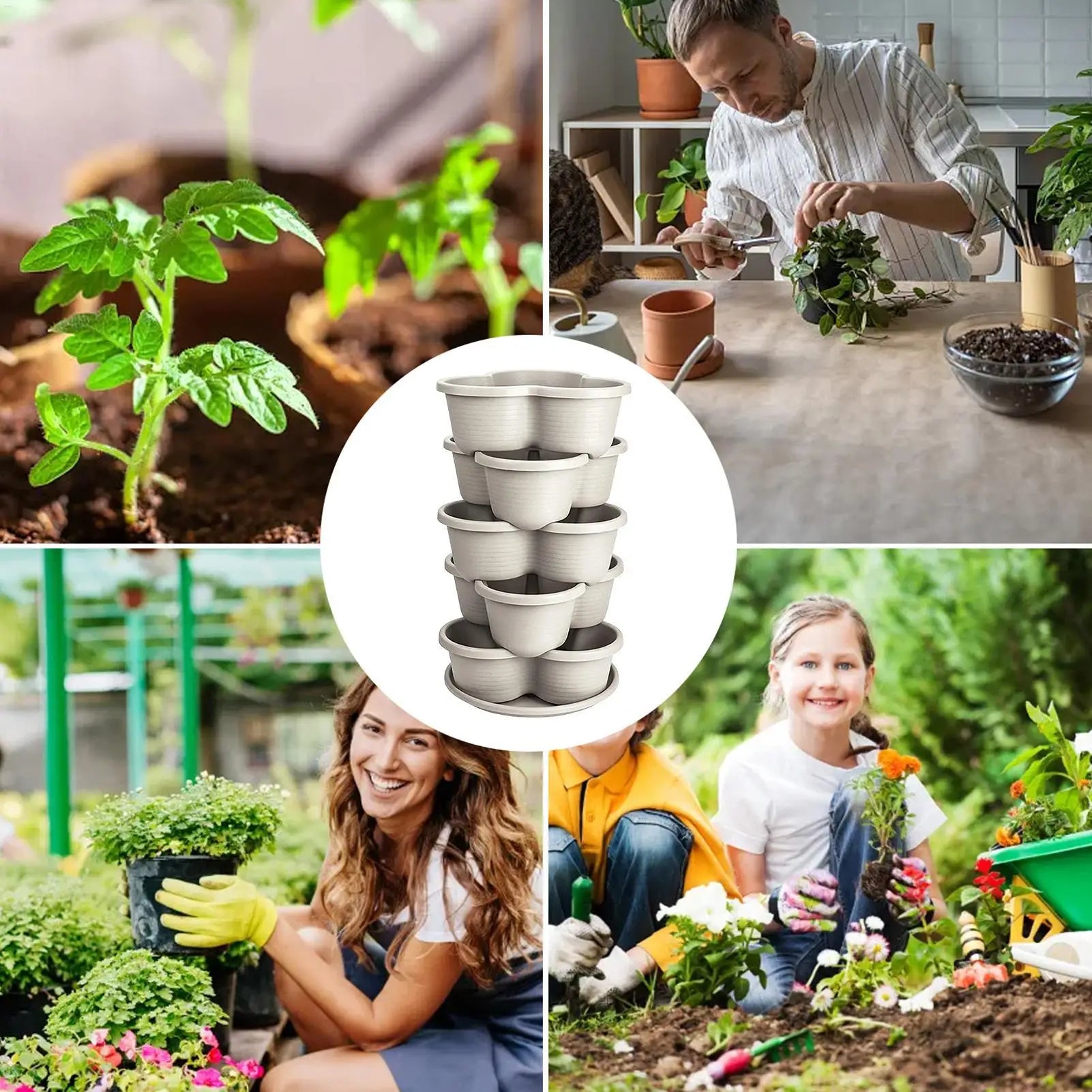 White stackable butterfly planter pots set shown in inset circle, ready for planting